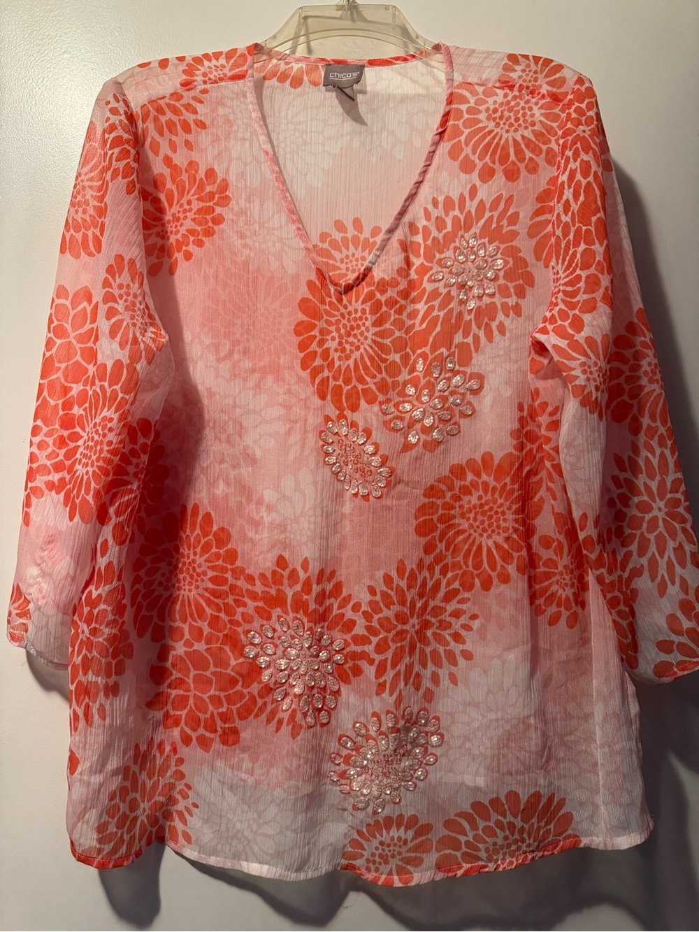 Chico's Pink & Orange Floral V-Neck Tunic with Beaded Accents